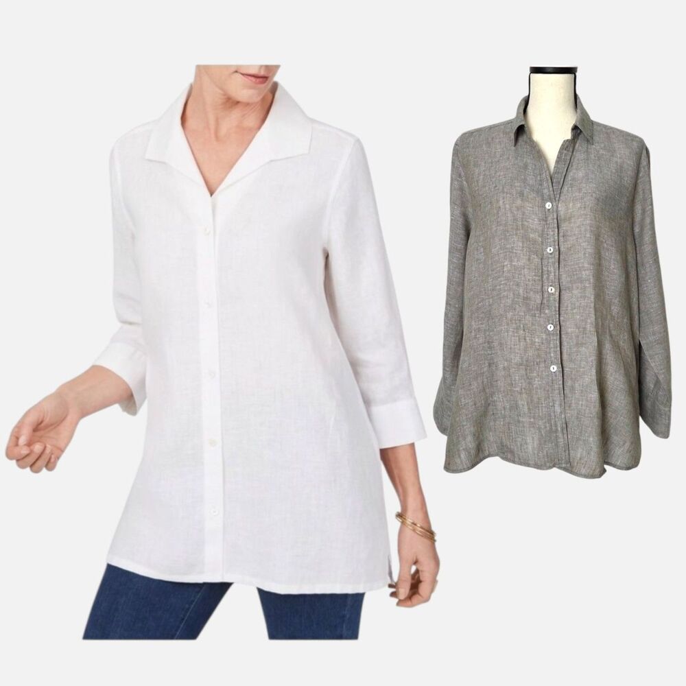 Foxcroft Linen Tunic Top Women XL Sage Green 3/4 Sleeve Button Up Coastal
